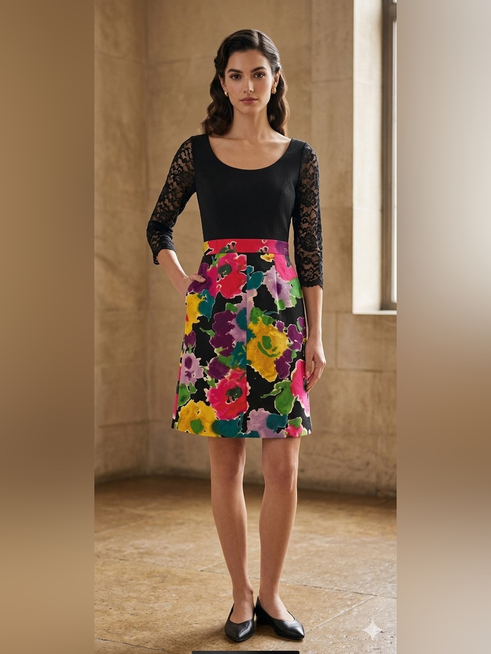 Anthro Mirror of Venus Black Lace Sleeve Floral‎ A-Line Dress Retro Size 0